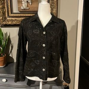 Chicos Design Vintage 100% Cotton Faded Black Jacket with Silver Shimmer Flowers